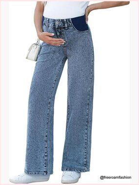 Maternity Jeans High Waist Straight Leg Denim Pants Adjustable Waistband